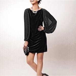 White House Black Market Black Pleated Chiffon Sleeves Velvet Mini Dress Size 12